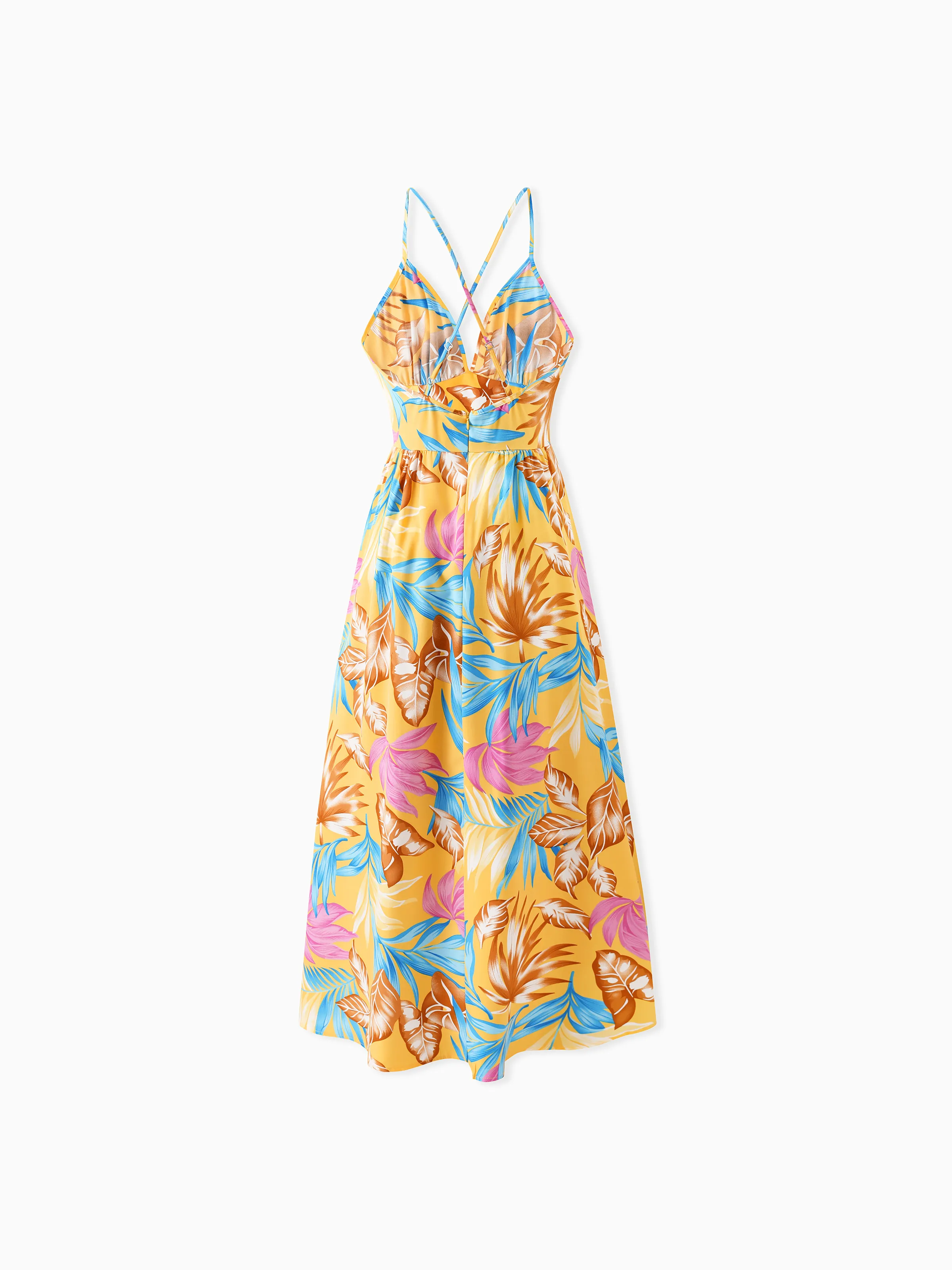 Family Matching Yellow Set Tropical Leaf Print Short-sleeve Shirt or Strap Dress Yellow - Image 3