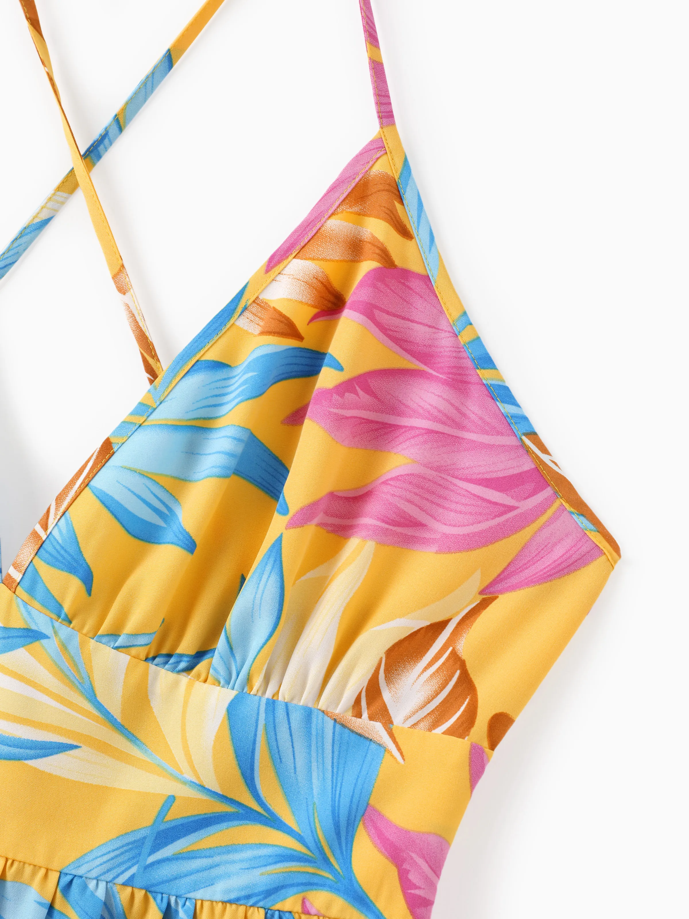 Family Matching Yellow Set Tropical Leaf Print Short-sleeve Shirt or Strap Dress Yellow - Image 4