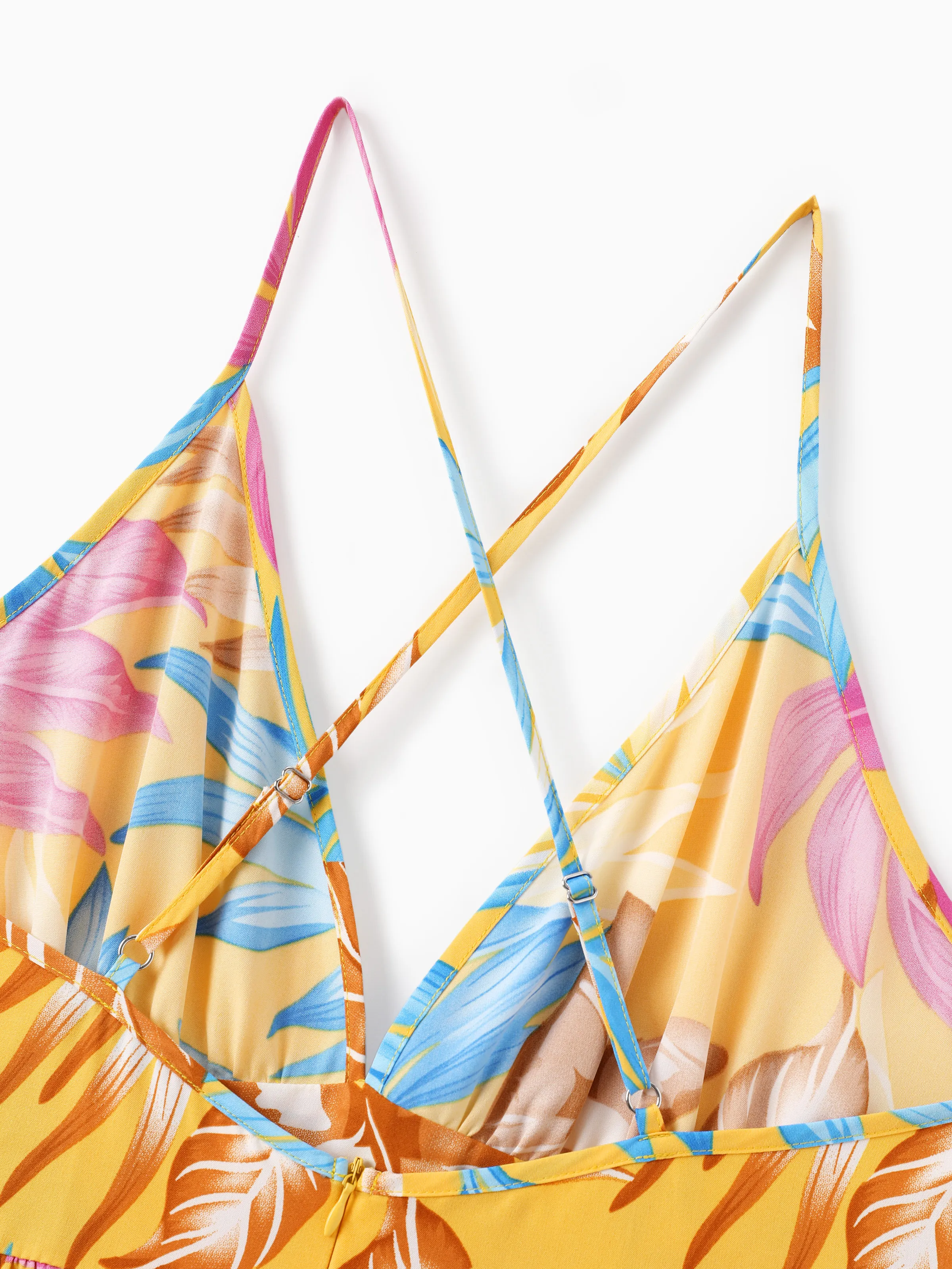 Family Matching Yellow Set Tropical Leaf Print Short-sleeve Shirt or Strap Dress Yellow - Image 5