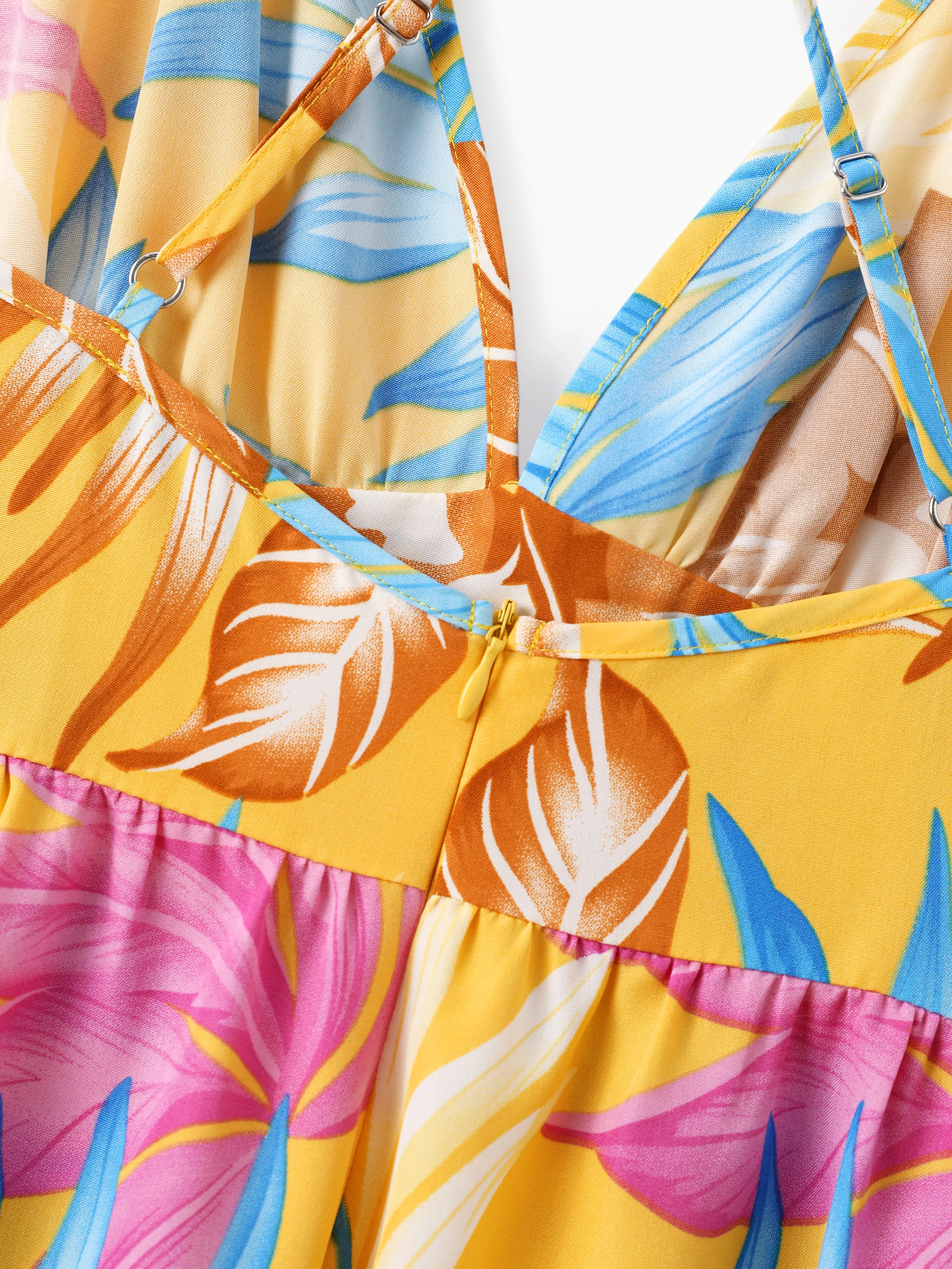 Family Matching Yellow Set Tropical Leaf Print Short-sleeve Shirt or Strap Dress Yellow - Image 6