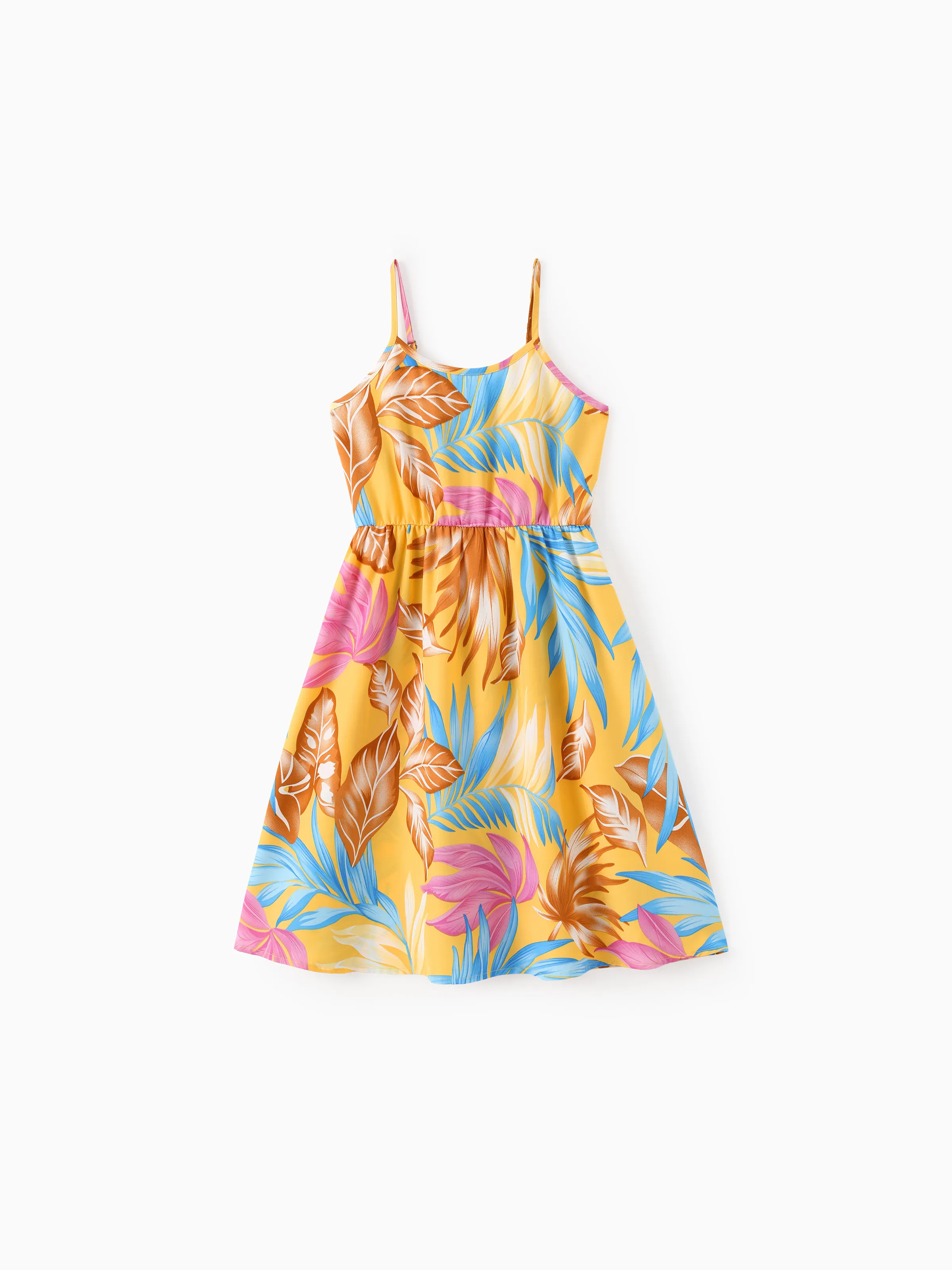 Family Matching Yellow Set Tropical Leaf Print Short-sleeve Shirt or Strap Dress Yellow - Image 7