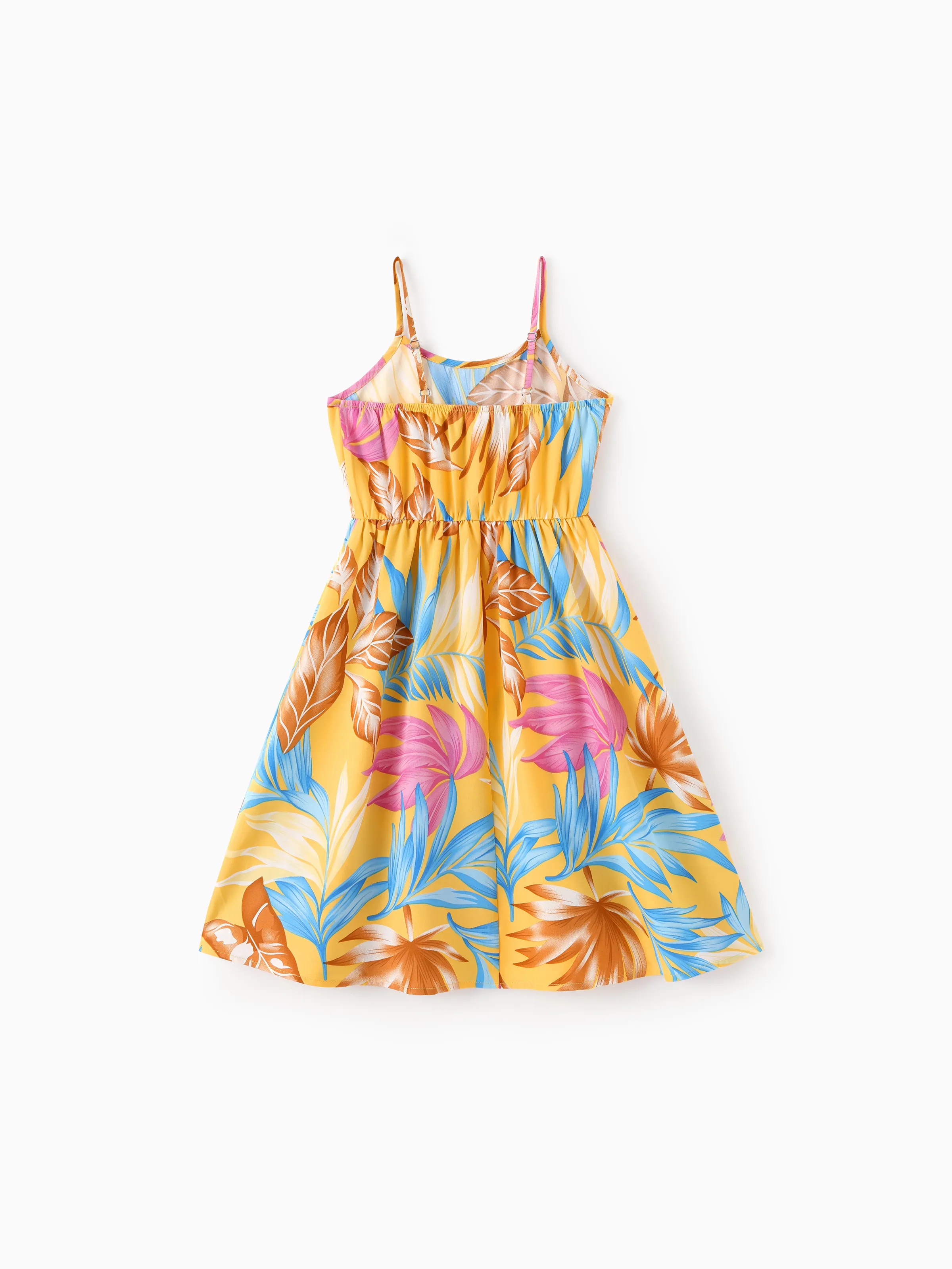 Family Matching Yellow Set Tropical Leaf Print Short-sleeve Shirt or Strap Dress Yellow - Image 8