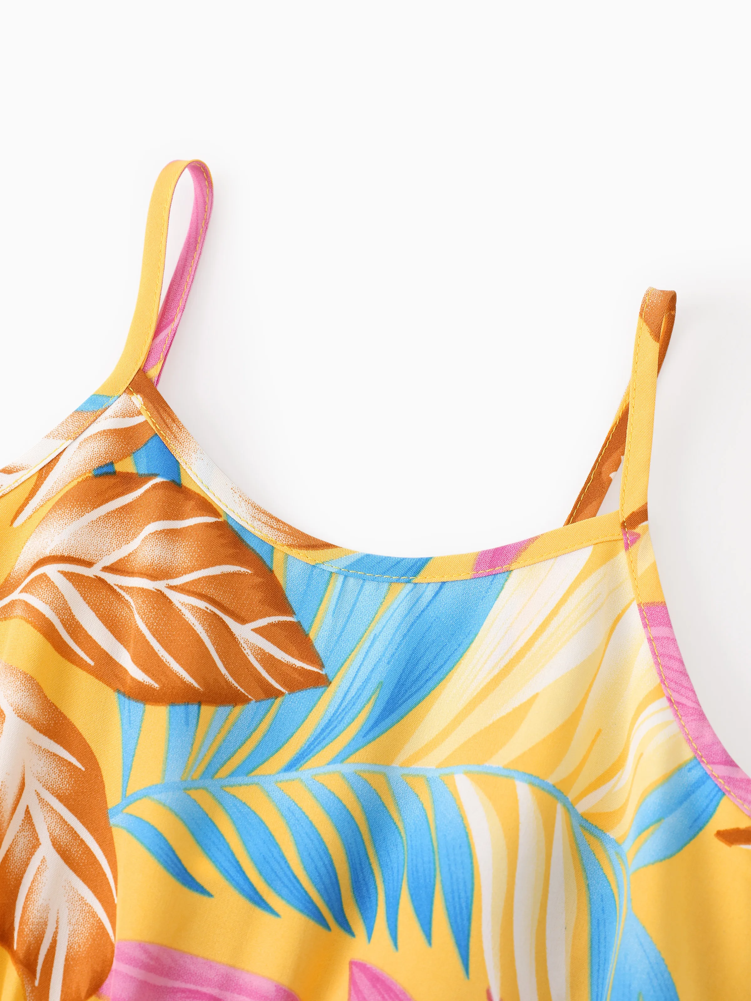 Family Matching Yellow Set Tropical Leaf Print Short-sleeve Shirt or Strap Dress Yellow - Image 9