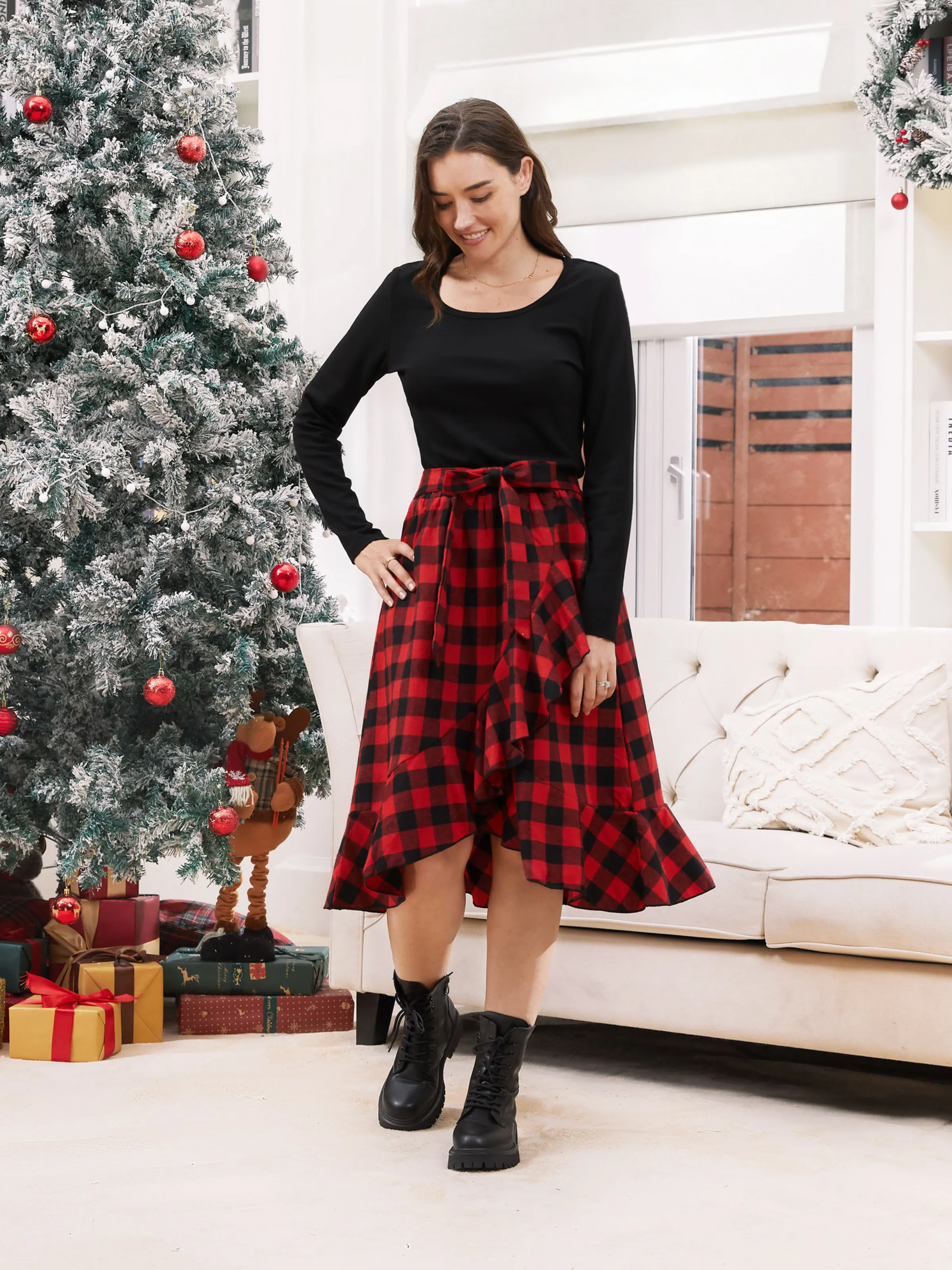 Matching Family Outfits Black and Red Plaid Co-ord Sets Hi-Low Flowy Hemline redblack - Image 3