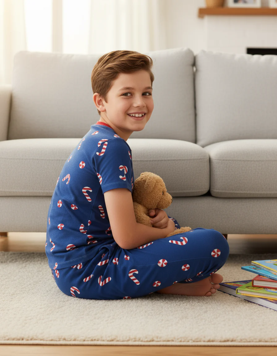 Toddler / Kids Christmas / Halloween PJS for Boys 3-Piece Bamboo Pajama Set 2-in-1 Look for 4 Seasons (Snug-Fitting) Deep Blue - Image 4